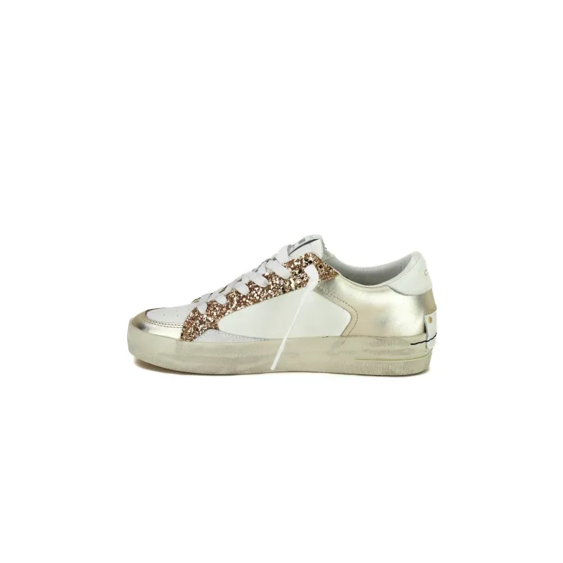 SNEAKERS DONNA PELLE DETTAGLI LAMINATO E GLITTER, BIANCO