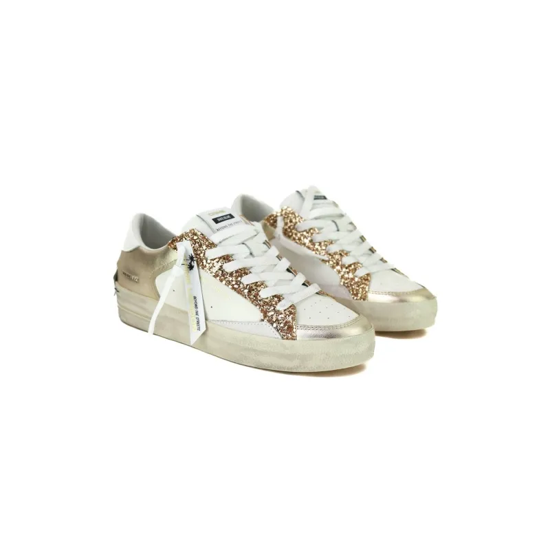 SNEAKERS DONNA PELLE DETTAGLI LAMINATO E GLITTER, BIANCO