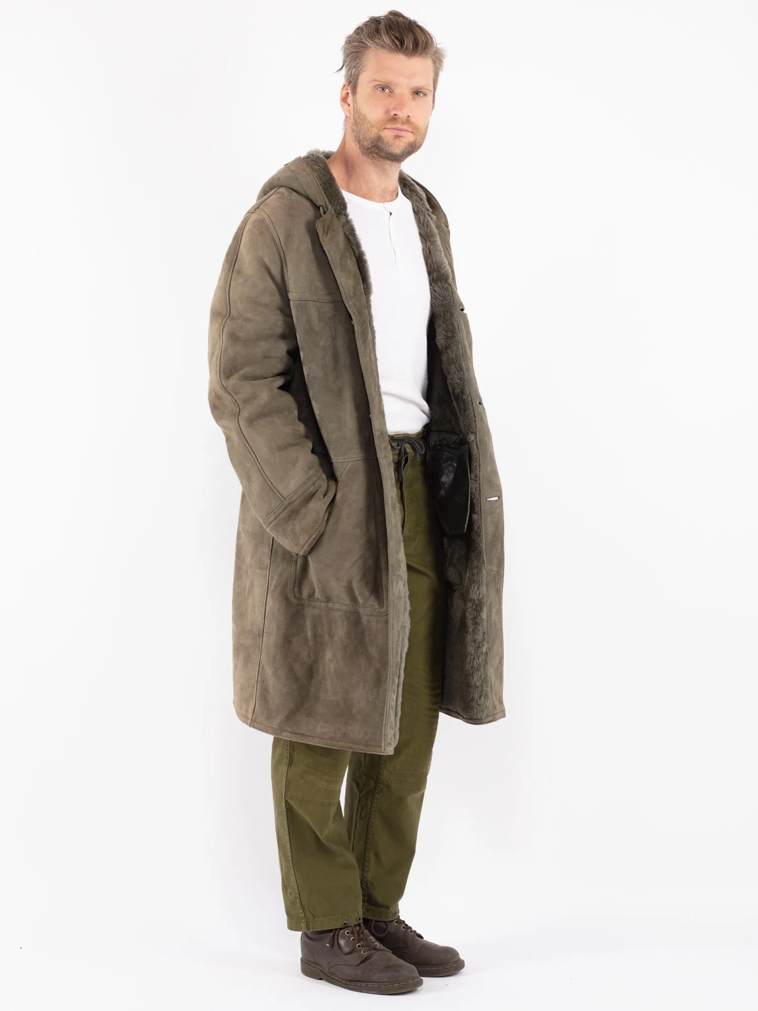 Vintage 70's Men Hoded Sheepskin Coat in Khaki Green