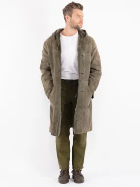 Vintage 70's Men Hoded Sheepskin Coat in Khaki Green