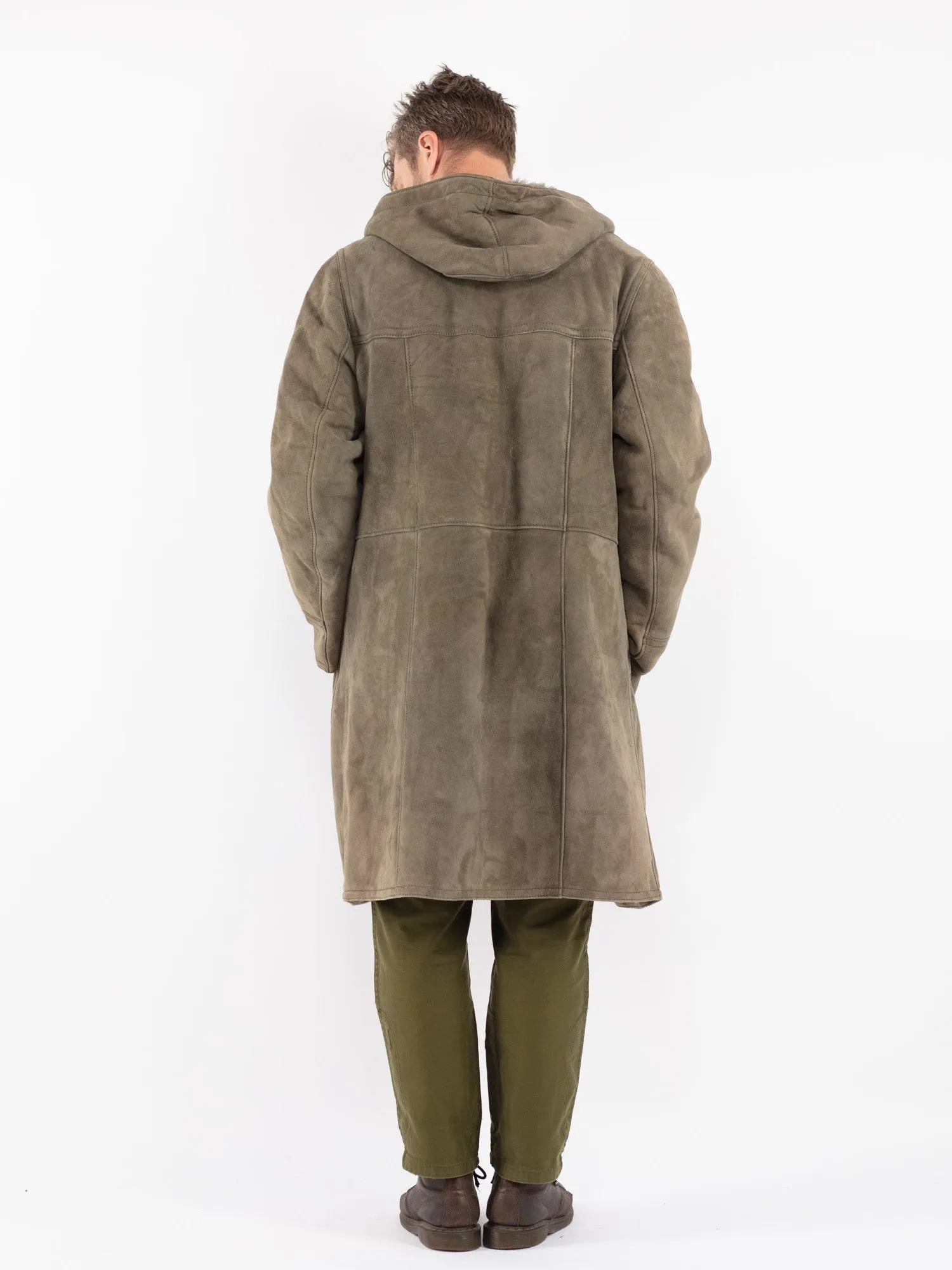 Vintage 70's Men Hoded Sheepskin Coat in Khaki Green