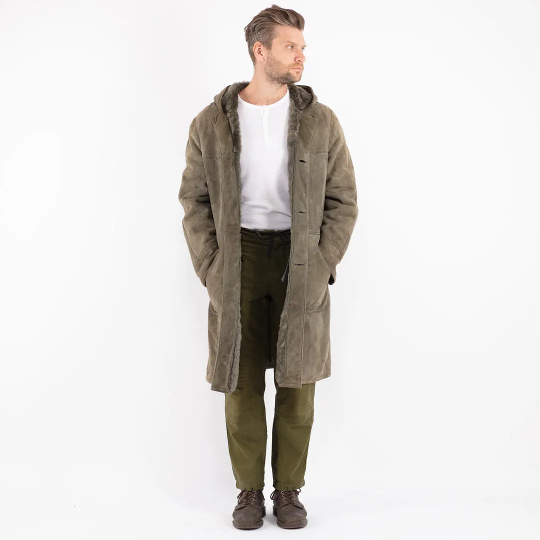 Vintage 70's Men Hoded Sheepskin Coat in Khaki Green