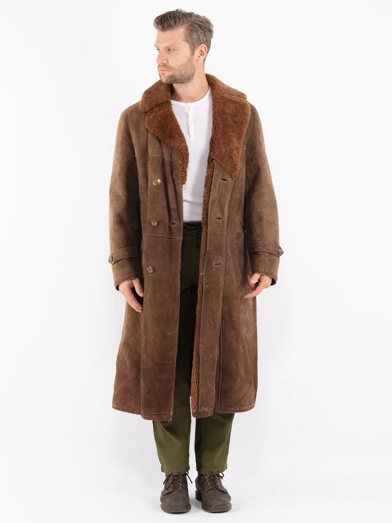 Vintage 70's Men Sheepskin Long Coat in Brown