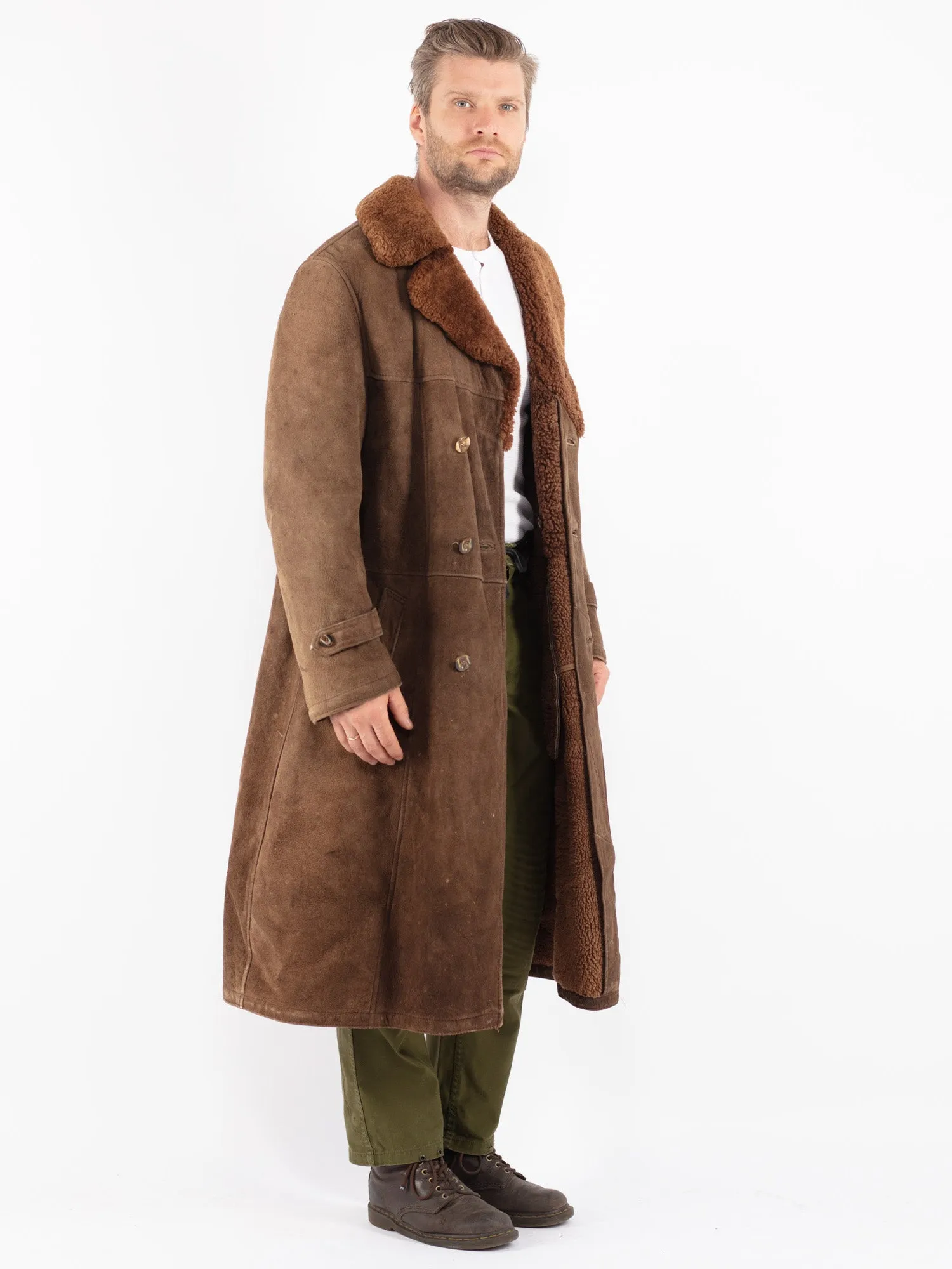 Vintage 70's Men Sheepskin Long Coat in Brown