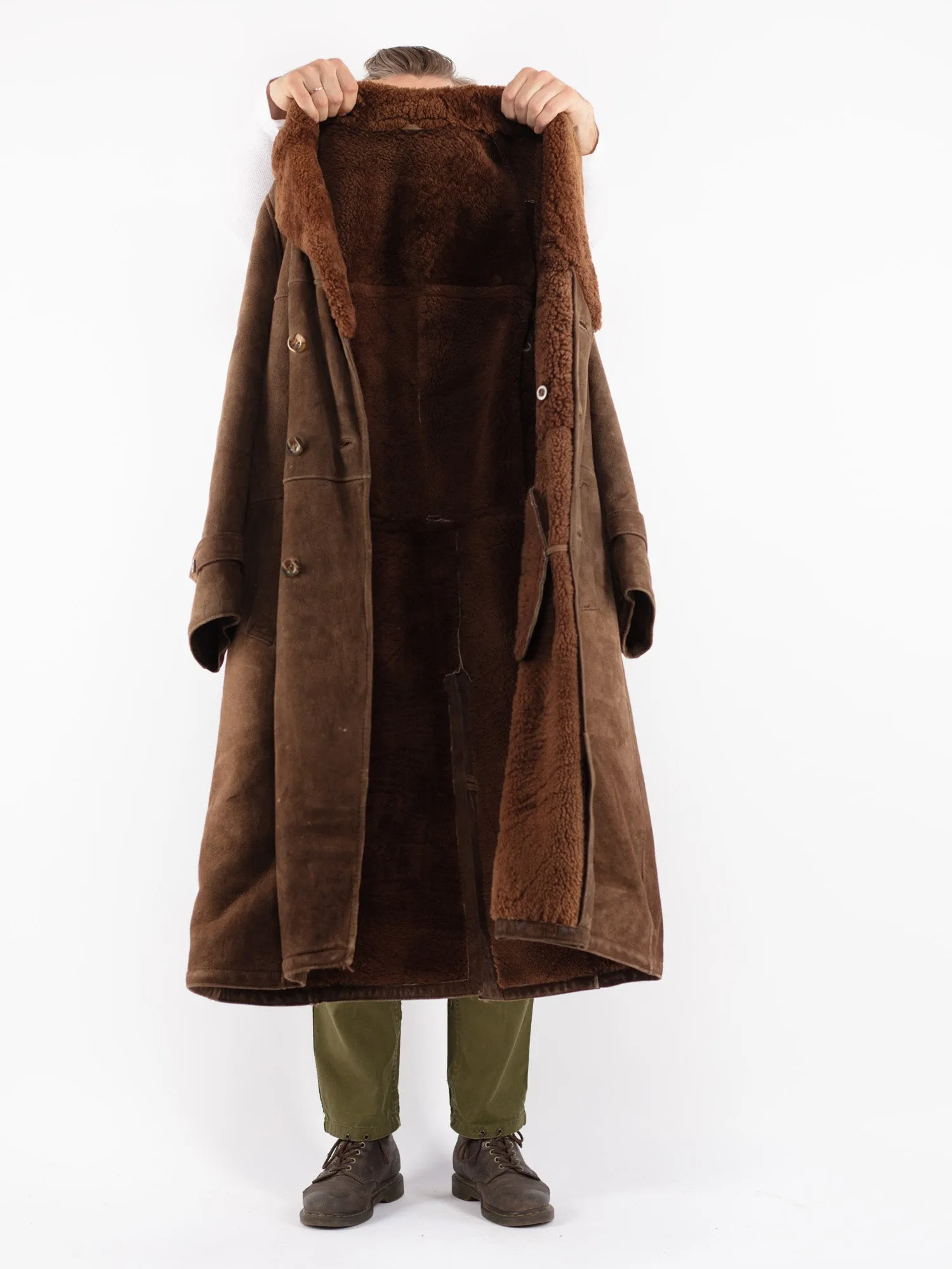 Vintage 70's Men Sheepskin Long Coat in Brown