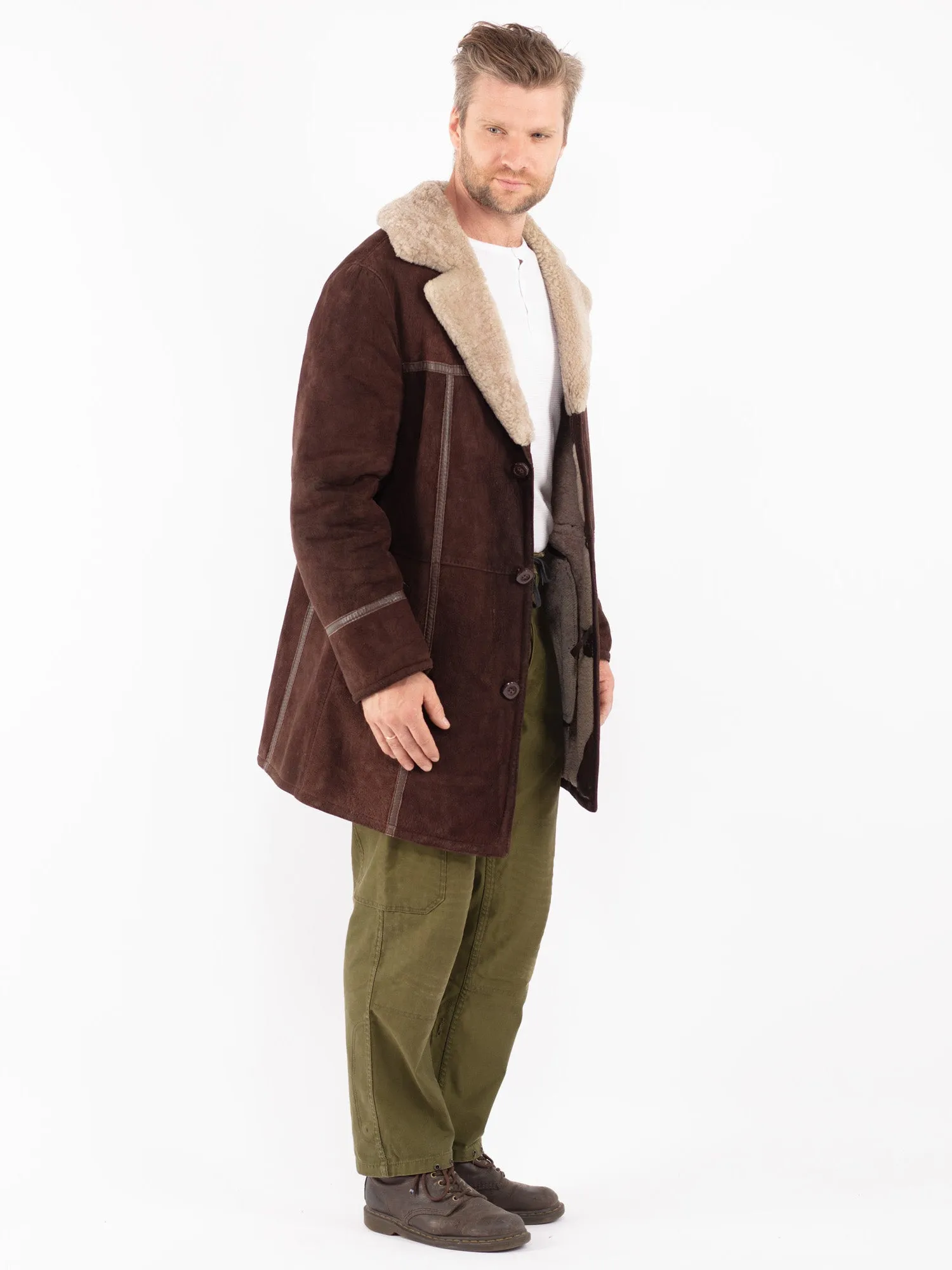 Vintage 70's Men Sheepskin Shearling Coat in Brown