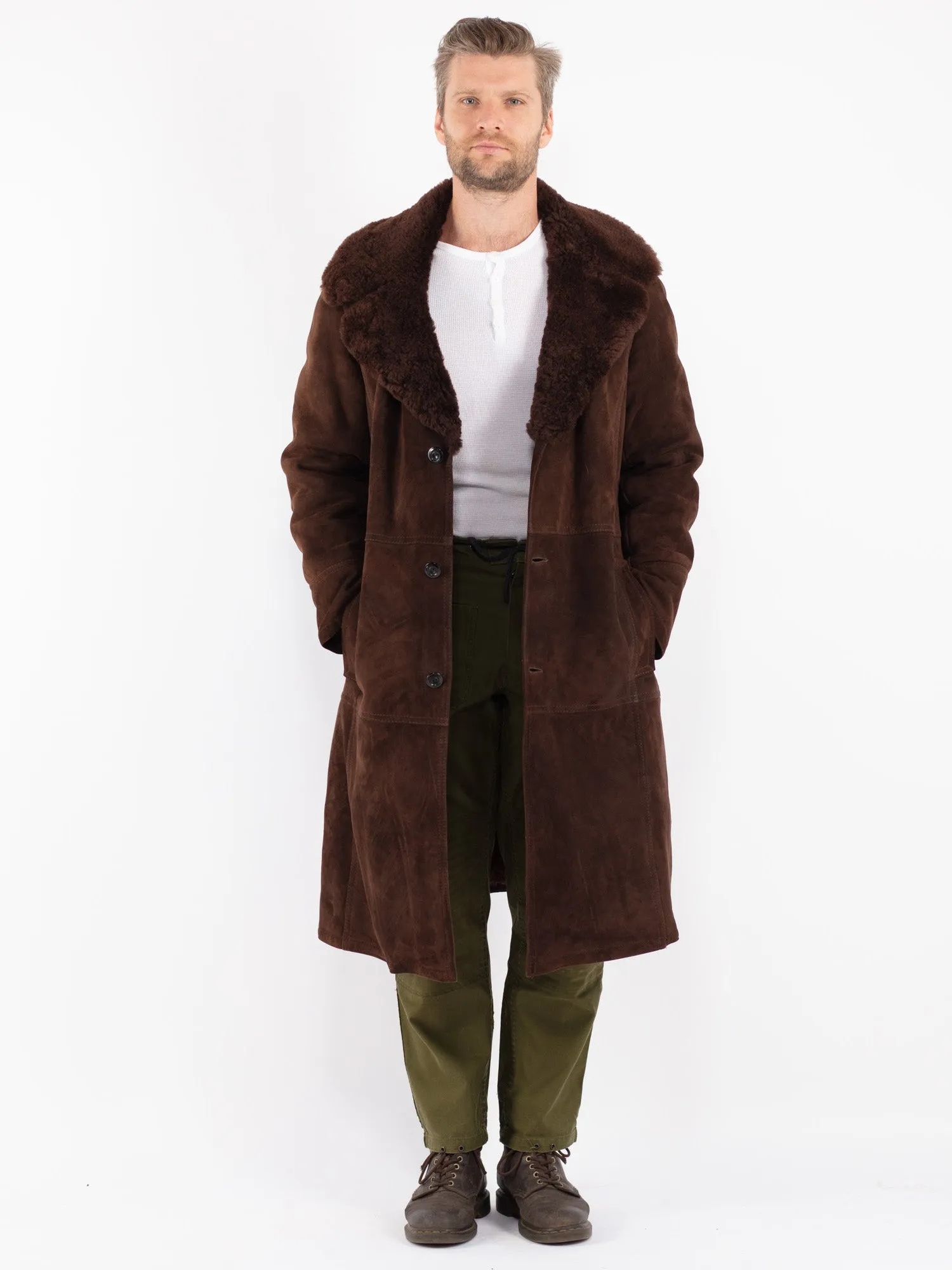 Vintage 70's Men Sheepskin Shearling Long Coat in Brown