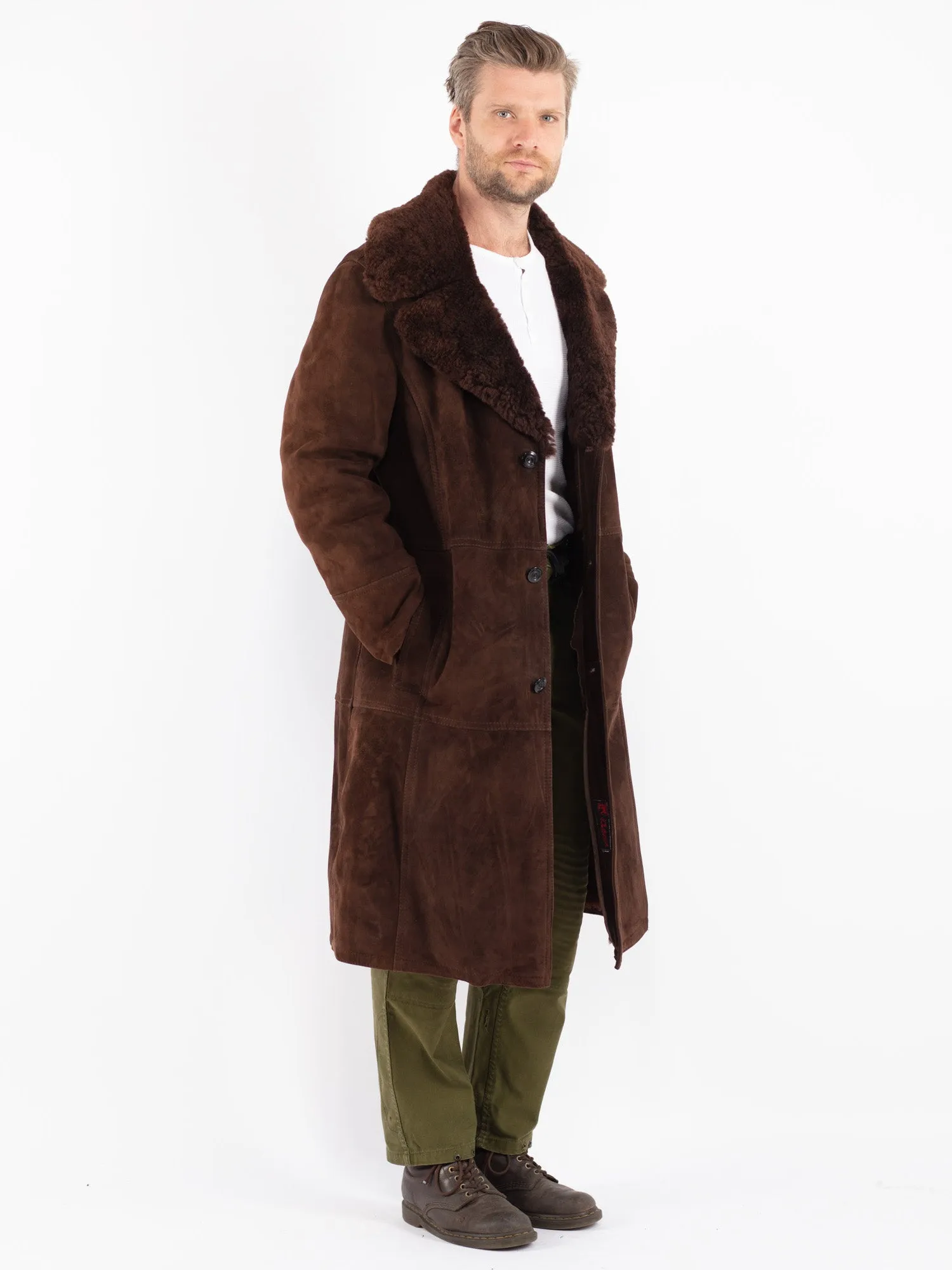 Vintage 70's Men Sheepskin Shearling Long Coat in Brown