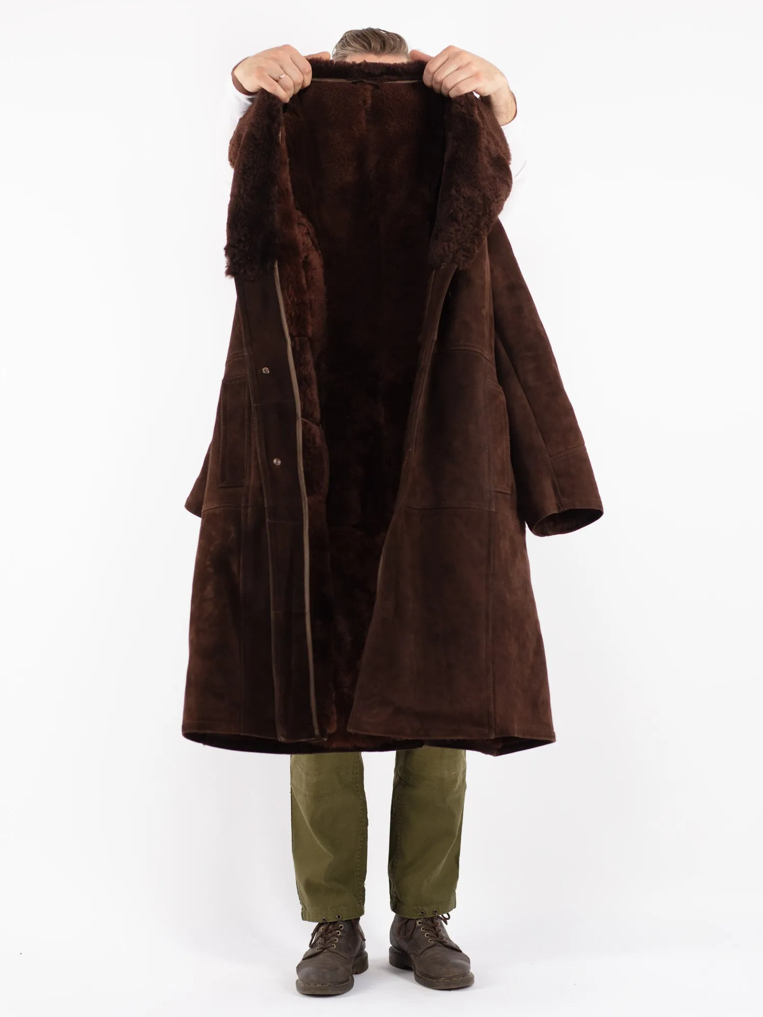 Vintage 70's Men Sheepskin Shearling Long Coat in Brown