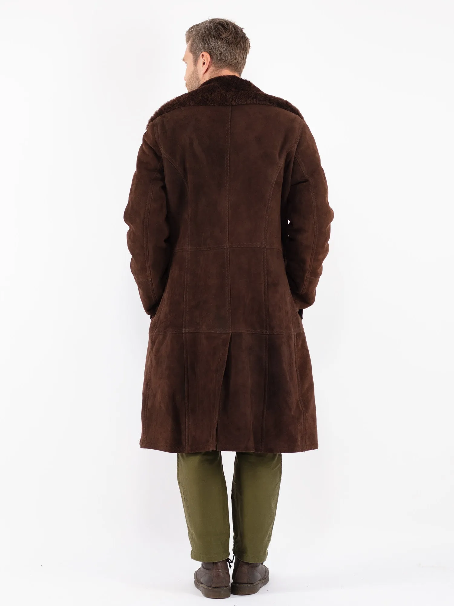 Vintage 70's Men Sheepskin Shearling Long Coat in Brown