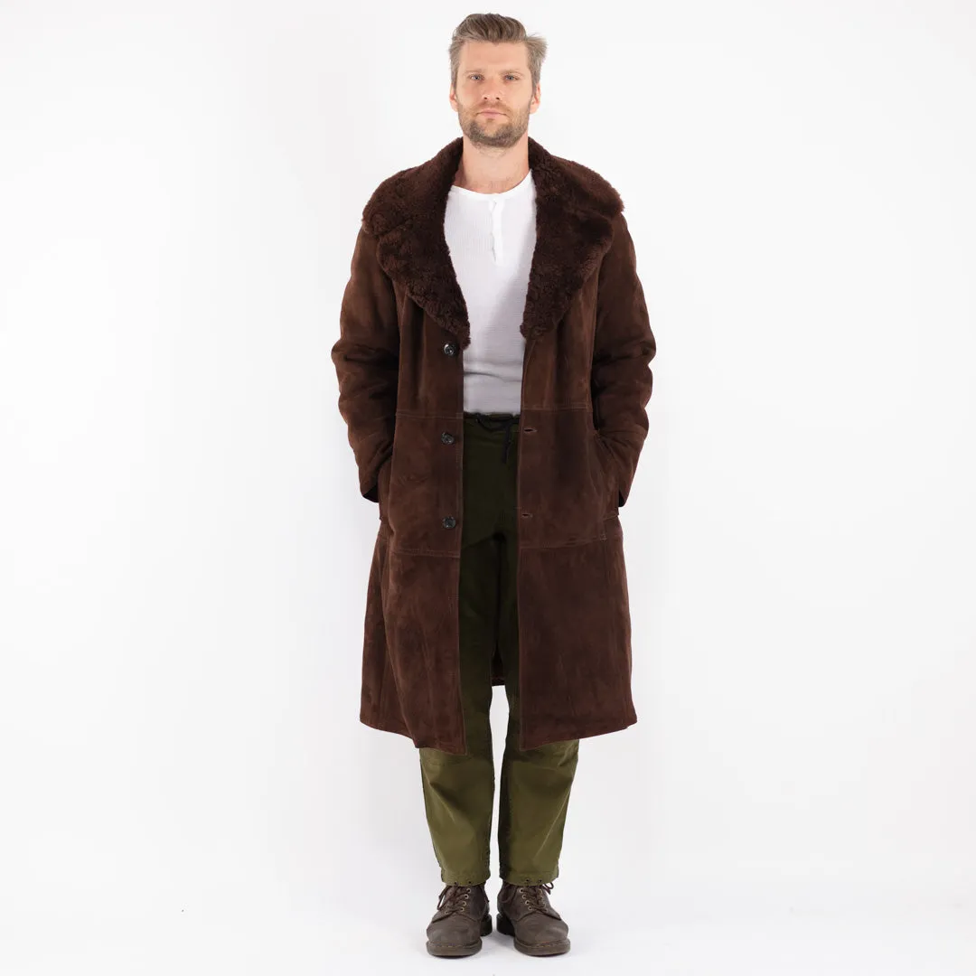 Vintage 70's Men Sheepskin Shearling Long Coat in Brown