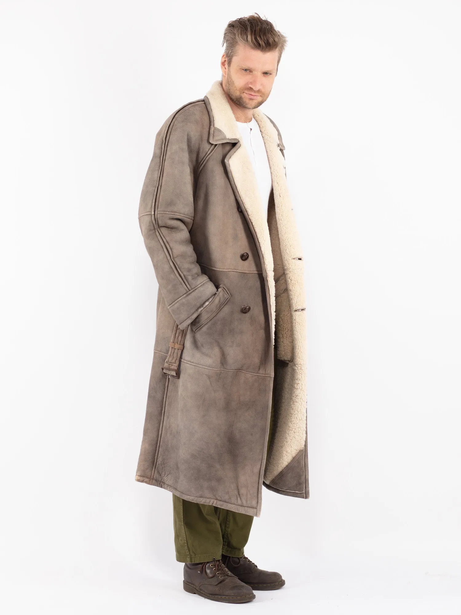 Vintage 70's Men Sheepskin Shearling Long Coat in Gray