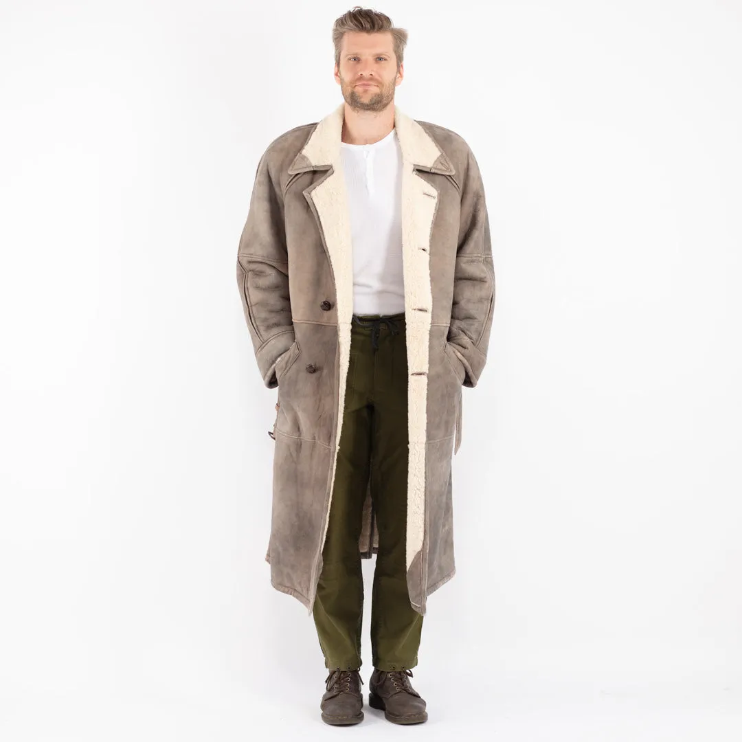 Vintage 70's Men Sheepskin Shearling Long Coat in Gray