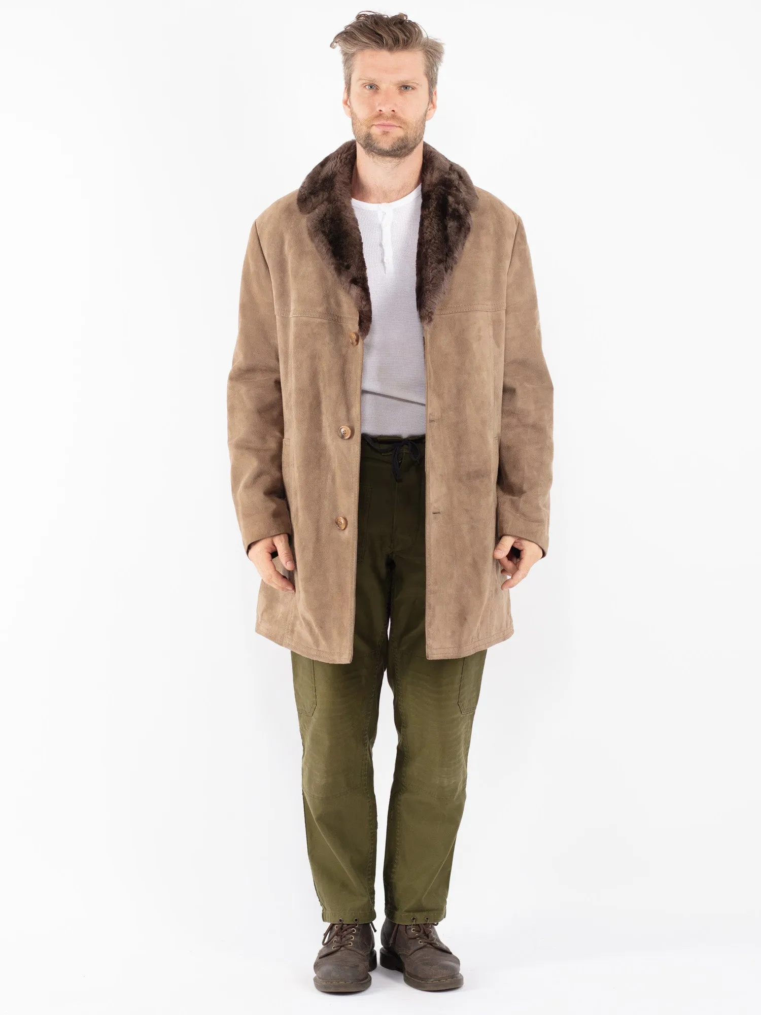 Vintage 70's Men Suede Sherpa Coat in Beige