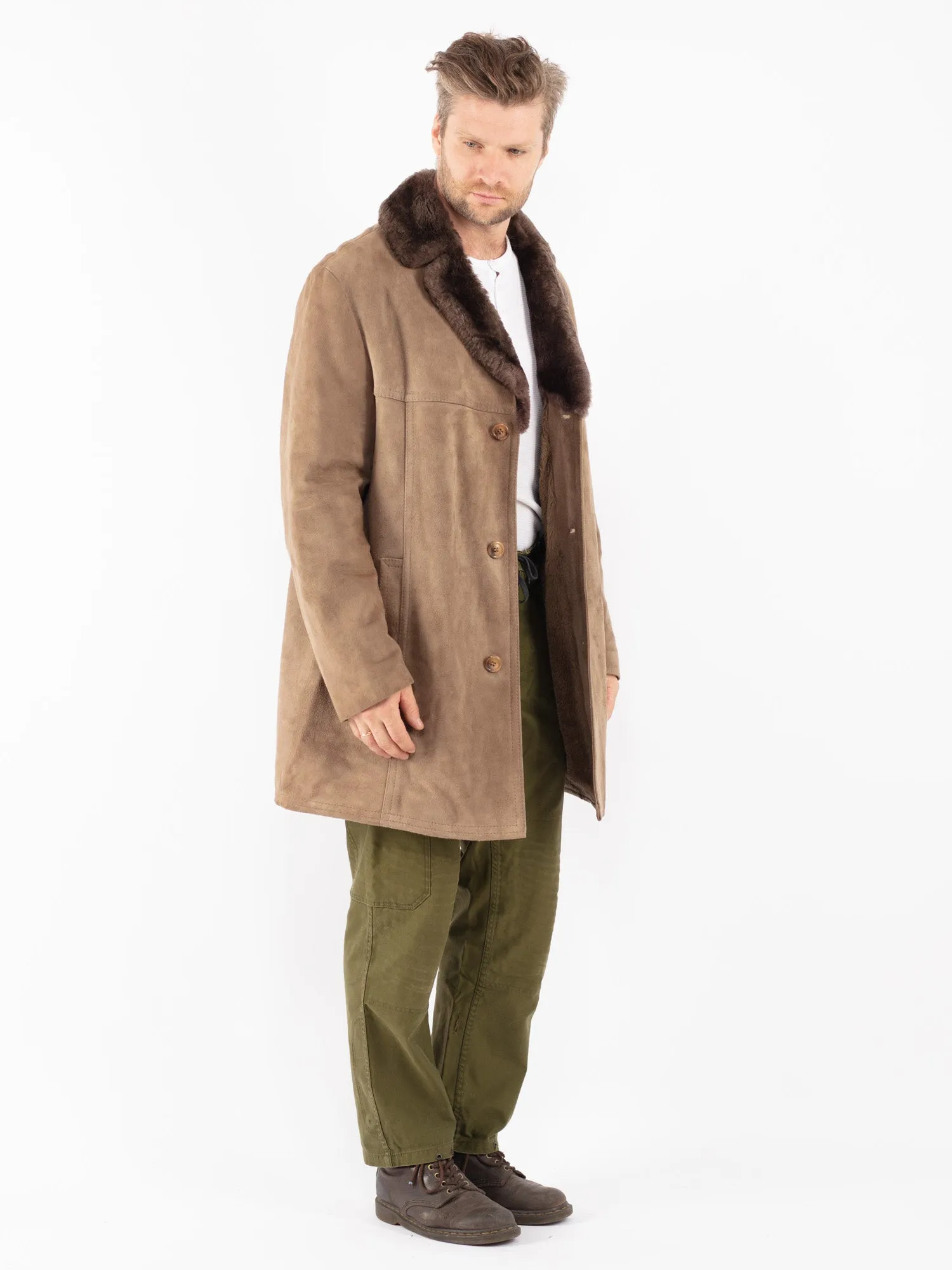 Vintage 70's Men Suede Sherpa Coat in Beige