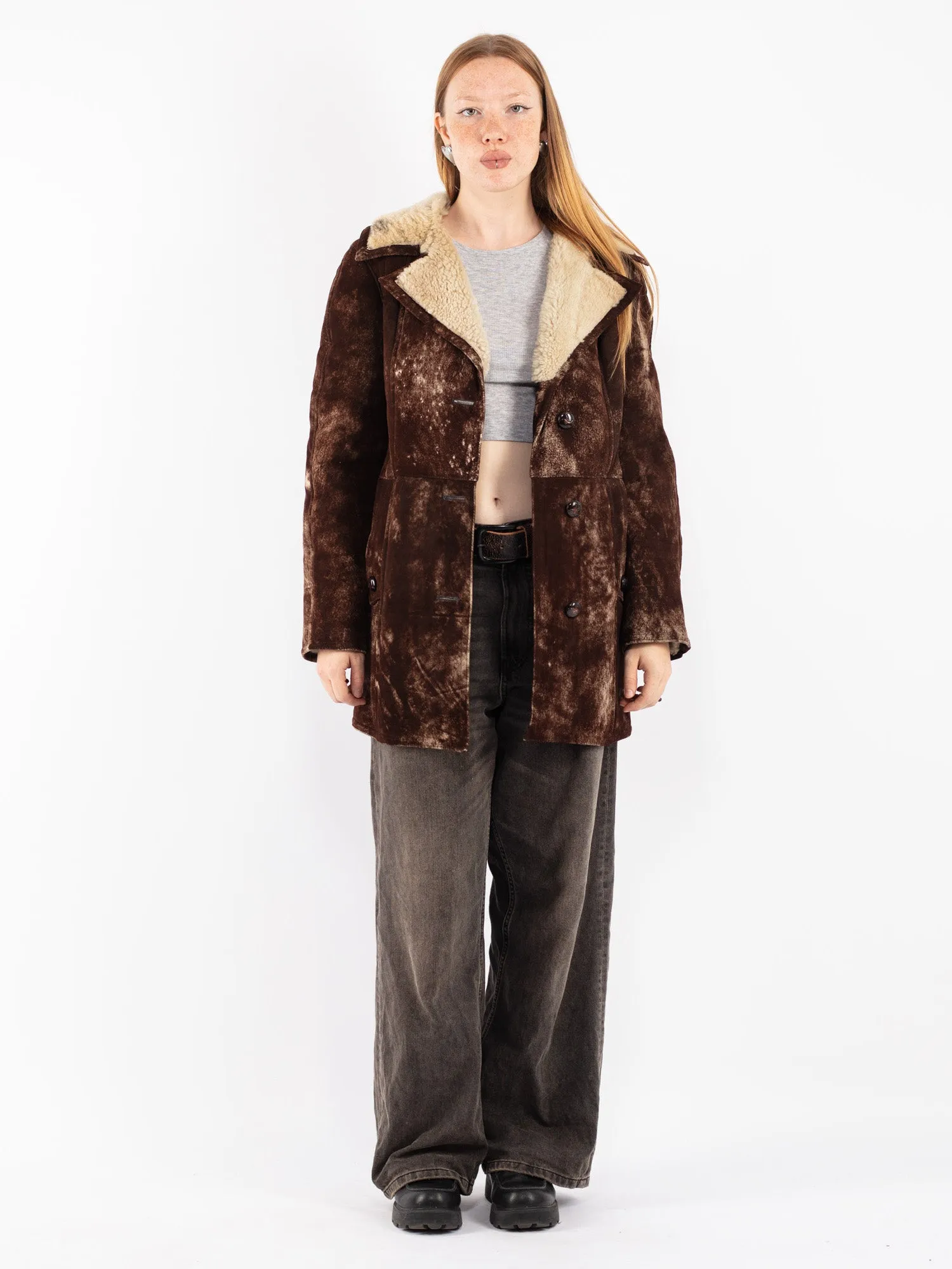 Vintage 70's Women Sheepskin Shearling Coat in Brown