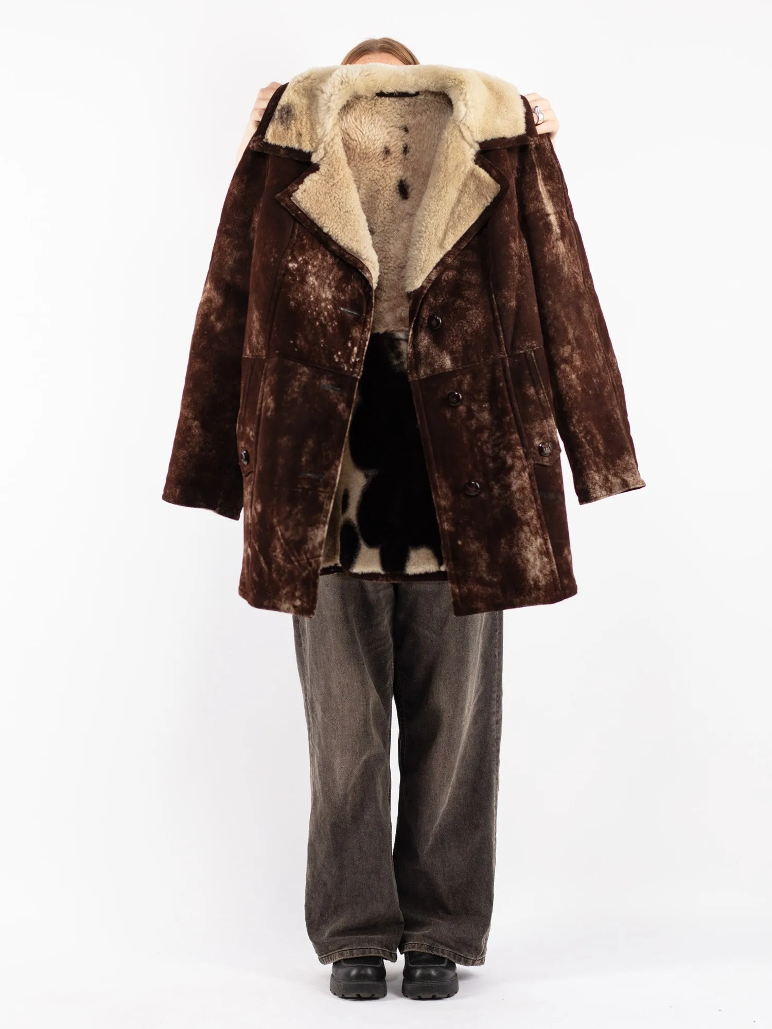 Vintage 70's Women Sheepskin Shearling Coat in Brown