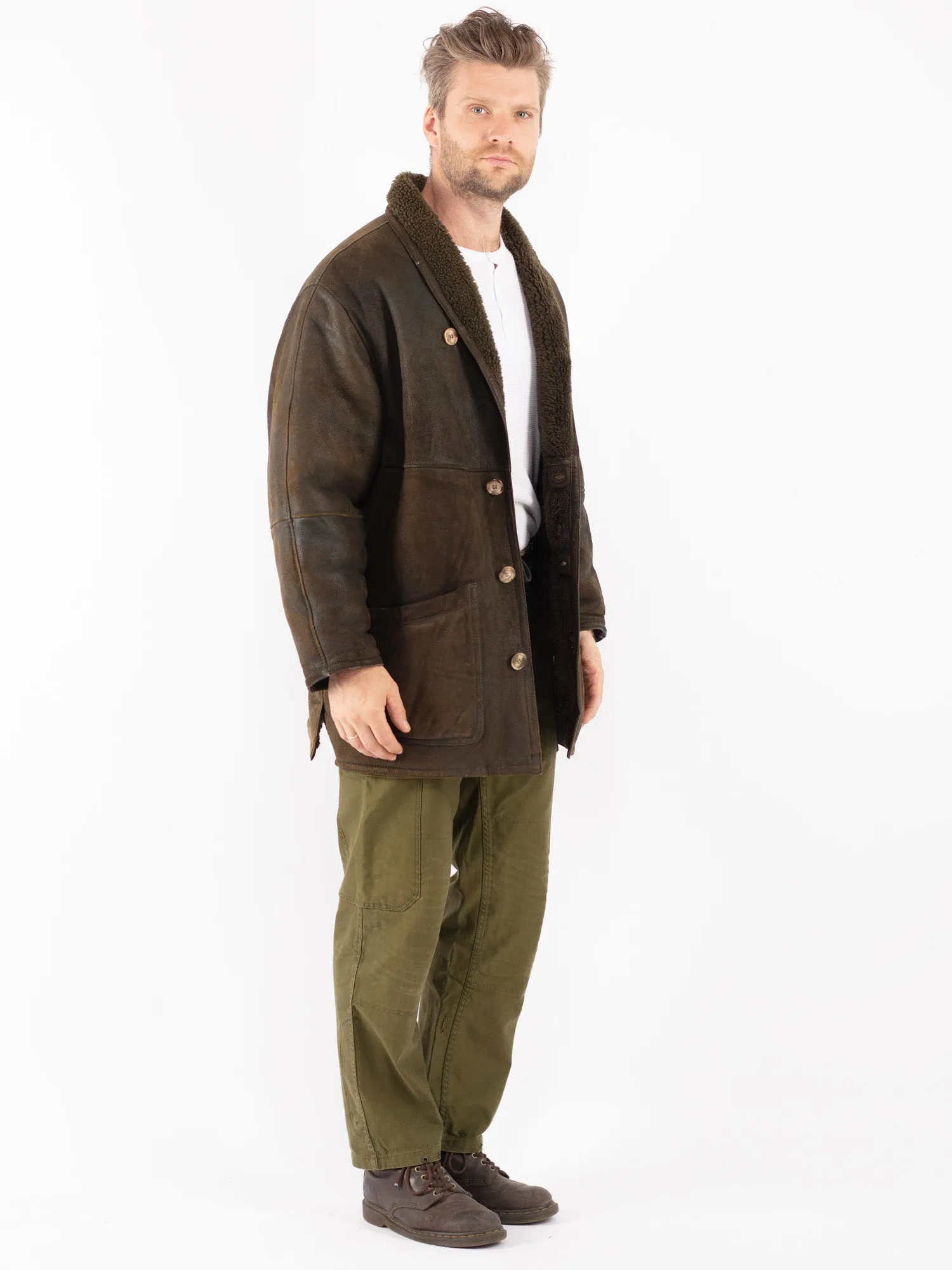 Vintage 80's Men Shearling Coat in Green