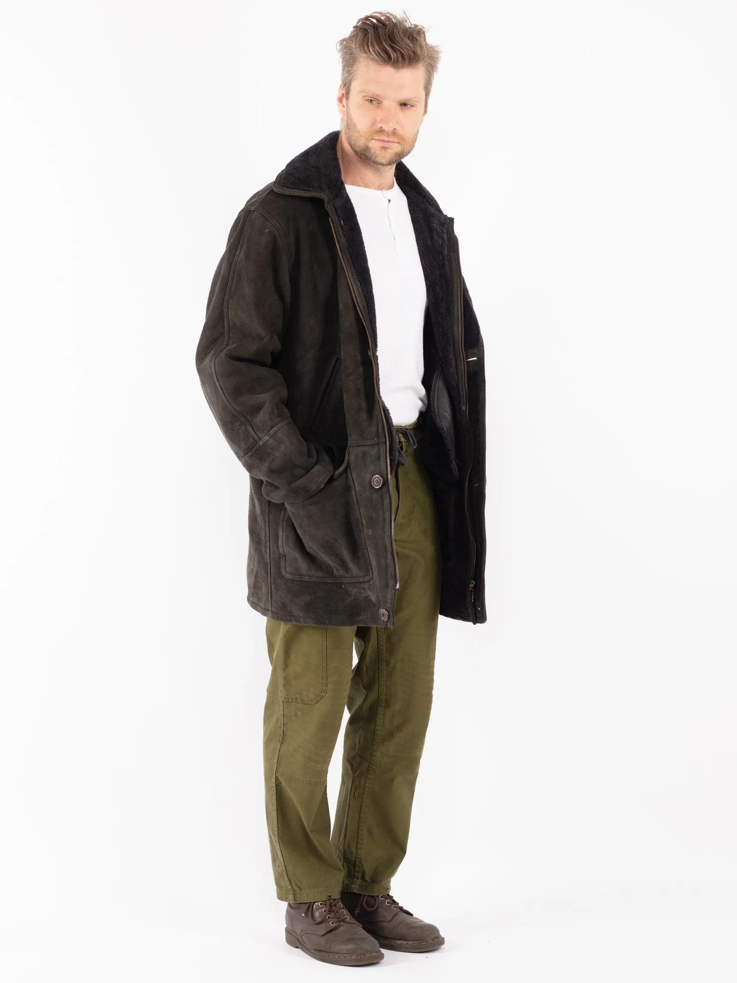 Vintage 80's Men Sheepskin Coat in Black