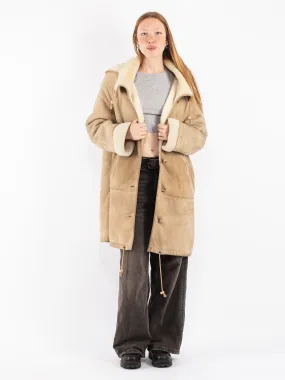 Vintage 80's Women Hooded Sheepskin Coat in Beige