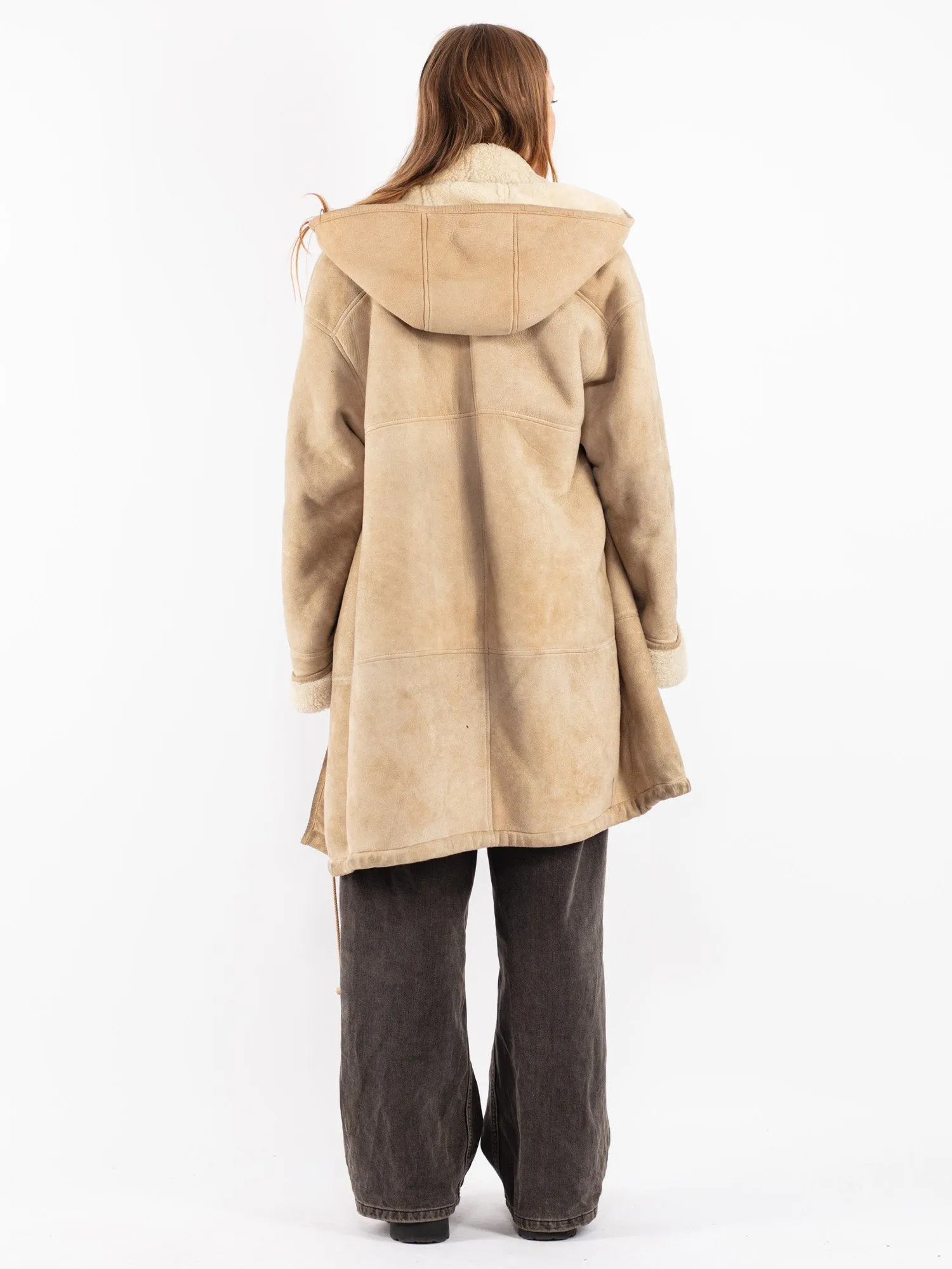 Vintage 80's Women Hooded Sheepskin Coat in Beige