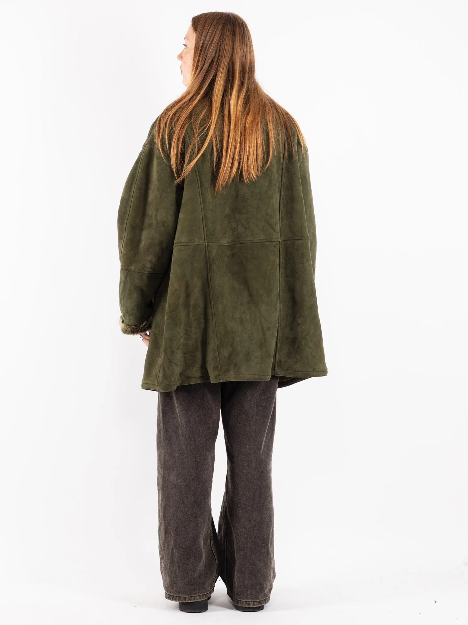 Vintage 80's Women Oversized Shearling Coat in Green