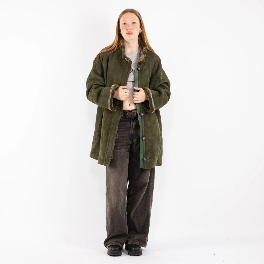 Vintage 80's Women Oversized Shearling Coat in Green