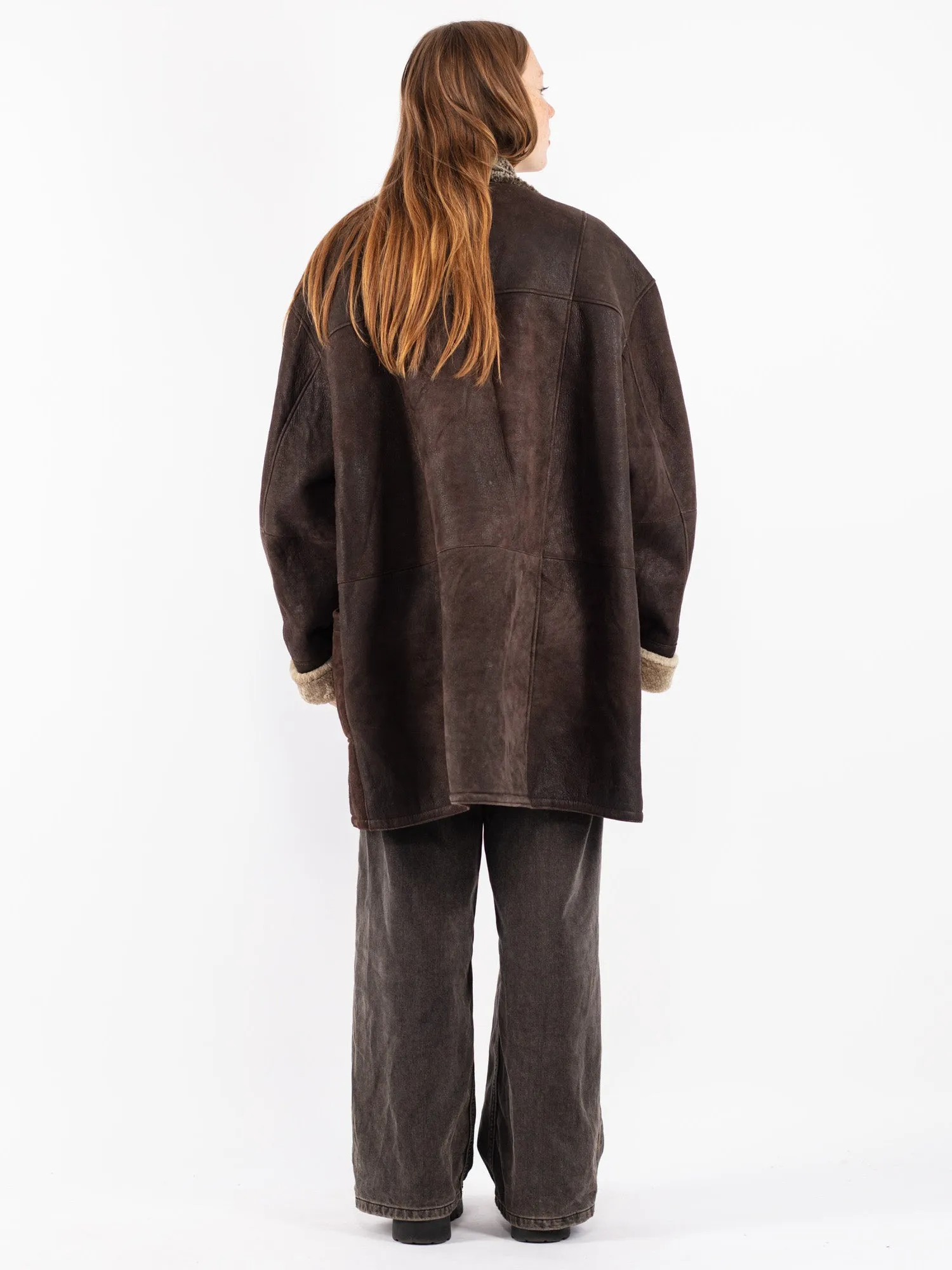 Vintage 80's Women Oversized Sheepskin Coat in Brown