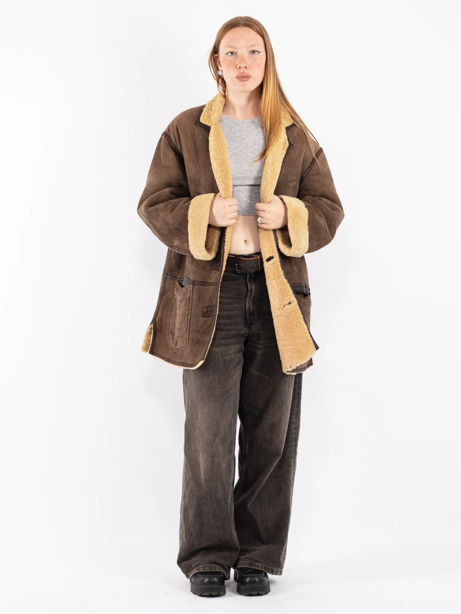 Vintage 80's Women Shearling Coat in Brown