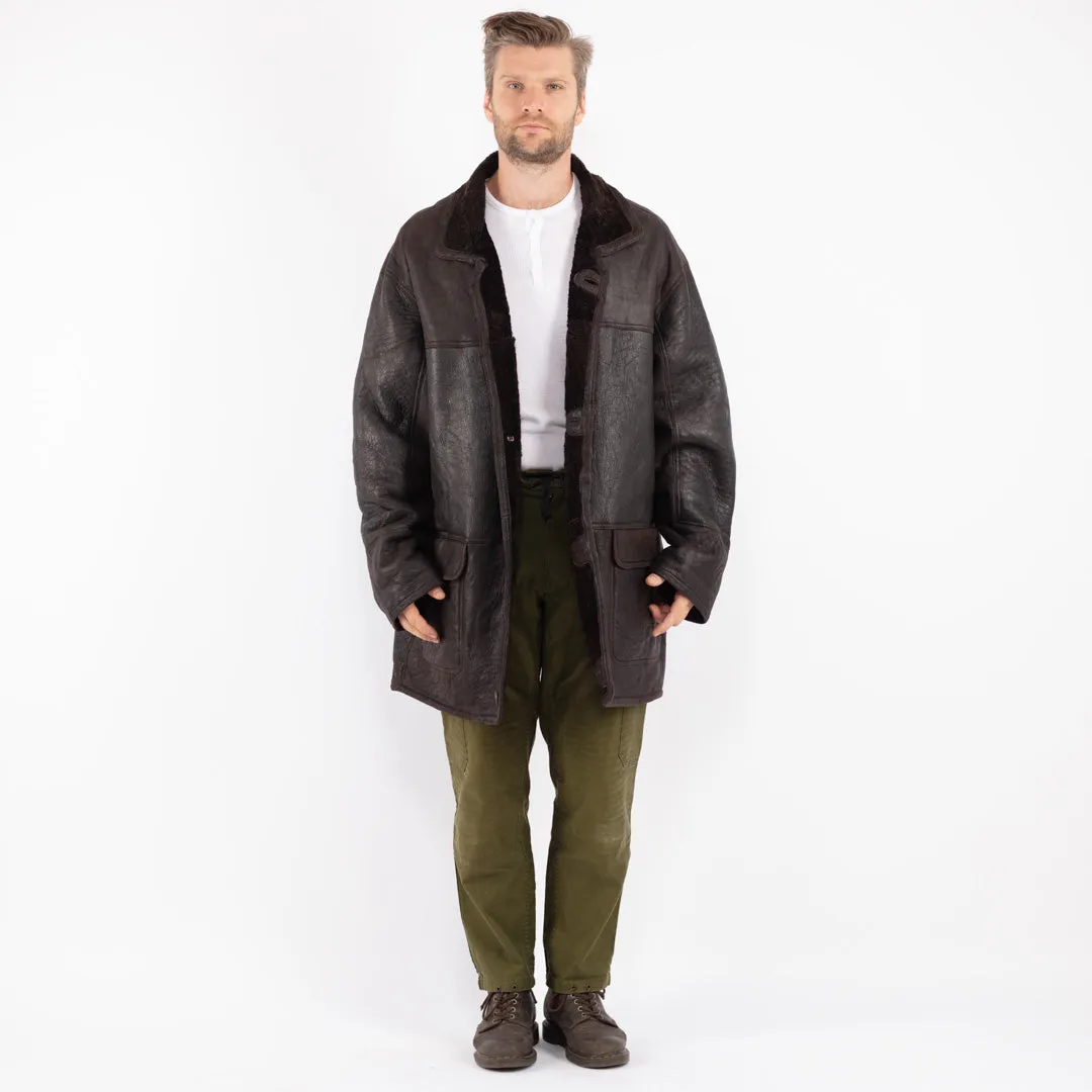 Vintage 90's Men Oversized Sheepskin Coat in Dark Brown