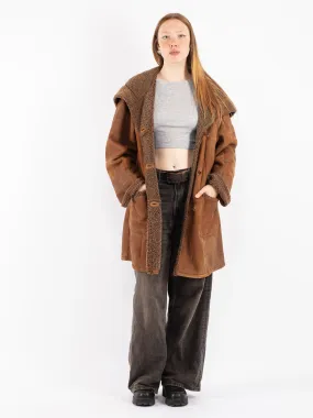 Vintage 90's Women Hooded Sheepskin Coat in Brown