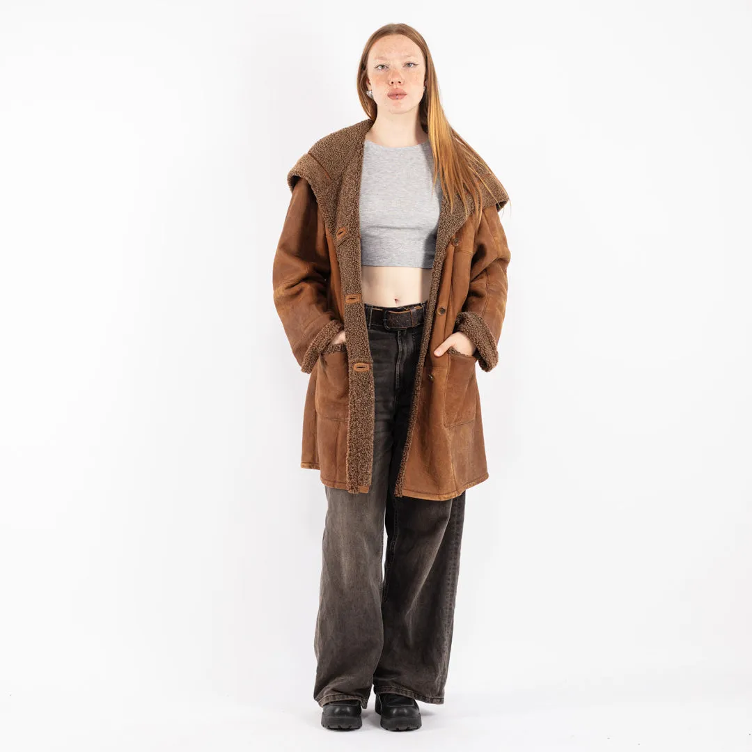 Vintage 90's Women Hooded Sheepskin Coat in Brown