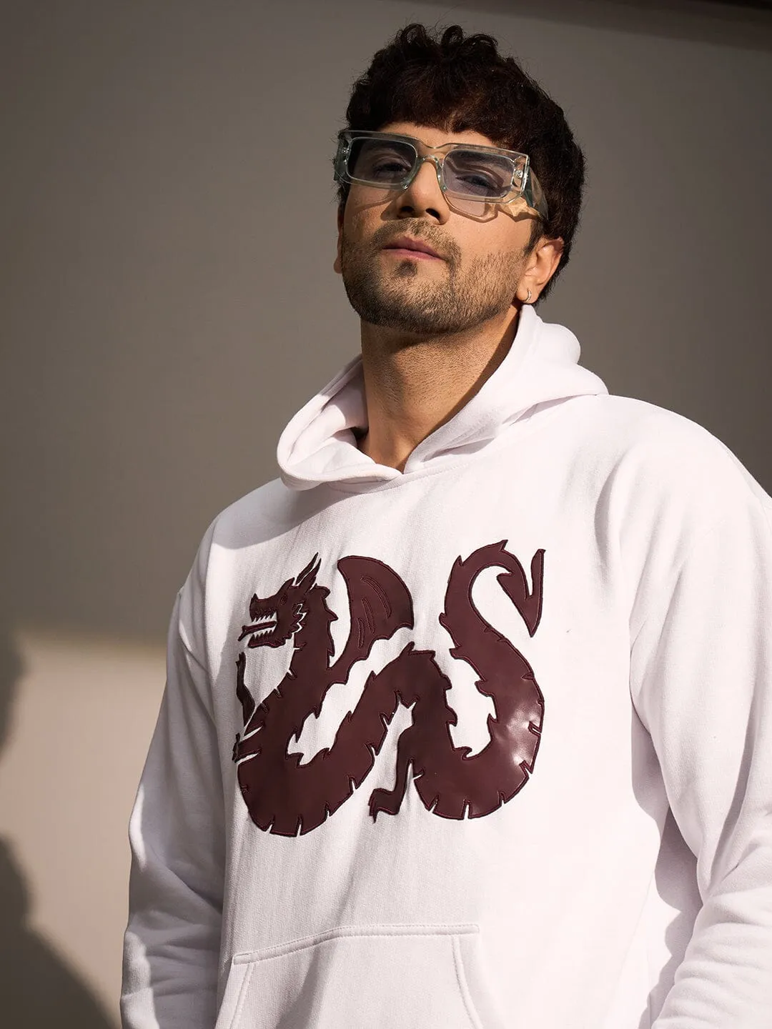 White Dragon Embroidery Oversized Hoodie