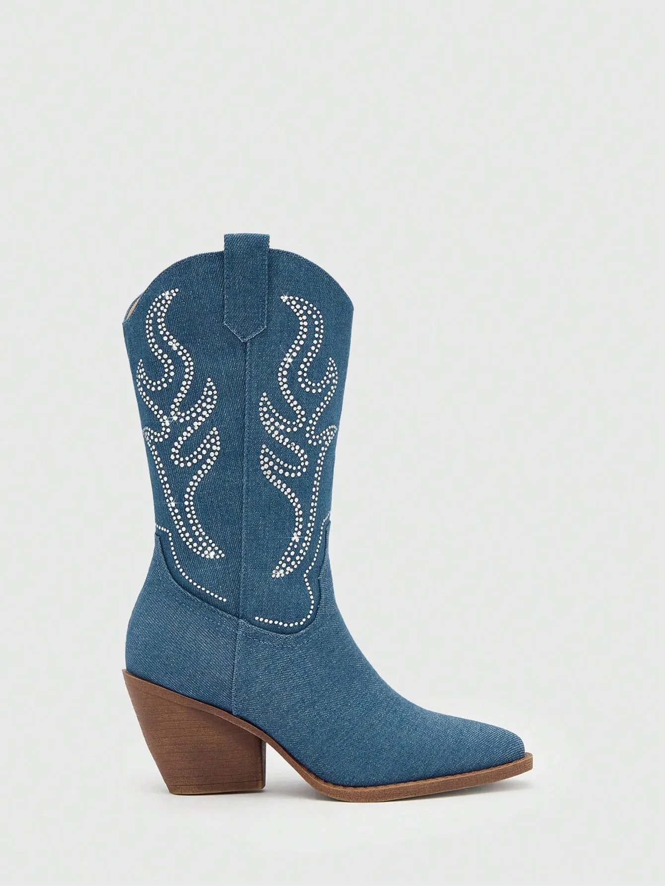 Women Embroidery Point Toe Chunky Heeled Western Boots, Vacation Denim Fashion Boots