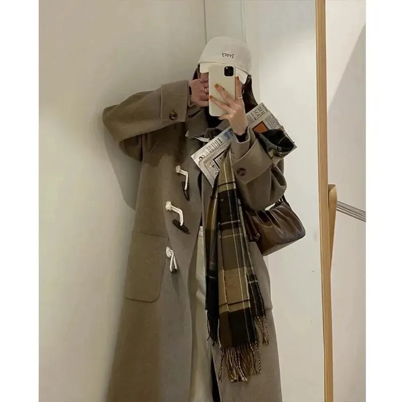 Woolen Coat Women Loose Fashion Cow Horn Button Mid Length Thickened Y2K Women Coat Autumn and Winter