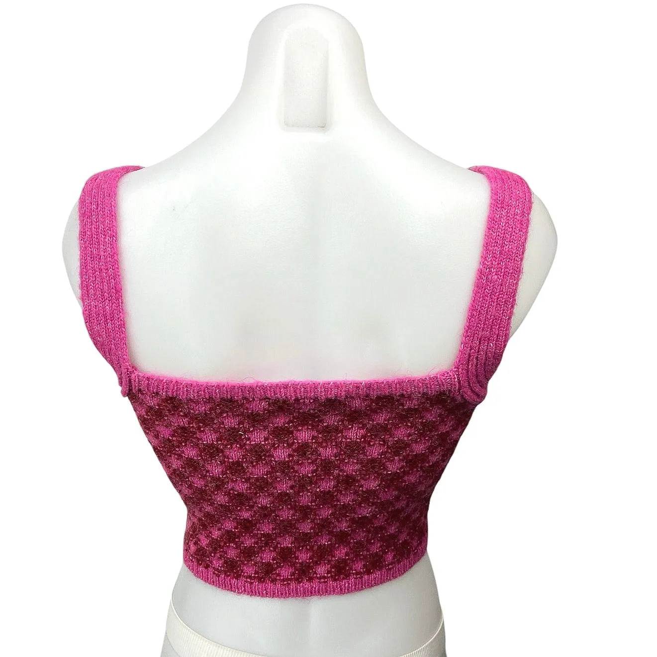 Zara Pink Wool Plaid Checkered Crochet Knit Square Neck Crop Sweater Tank Top S