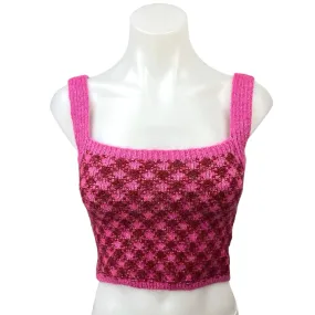 Zara Pink Wool Plaid Checkered Crochet Knit Square Neck Crop Sweater Tank Top S